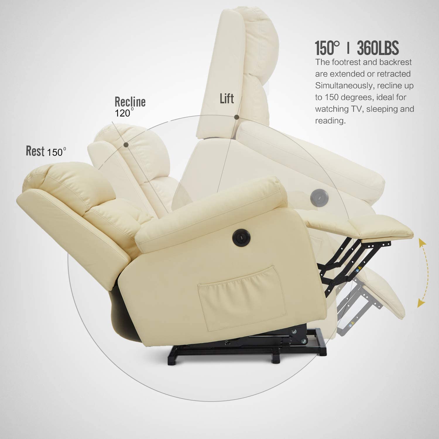 Homrest Electric Power Lift Recliner Chair Sofa for Elderly, Faux Leather Recliner Chair with Heated Vibration Massage with Side Pocket&USB Port, Cream