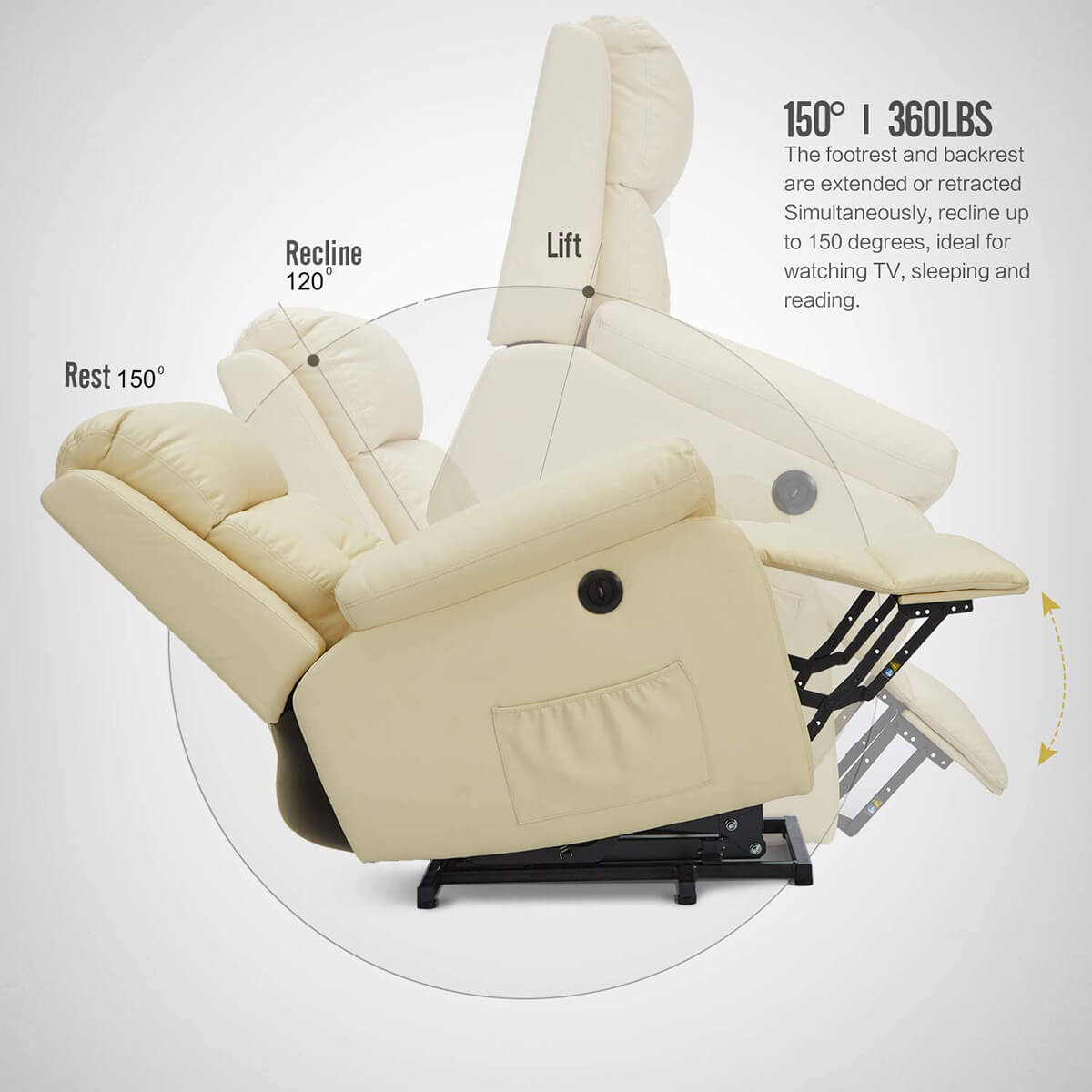 Homrest Electric Power Lift Recliner Chair Sofa for Elderly, Faux Leather Recliner Chair with Heated Vibration Massage, Heavy Duty & Safety Motion Reclining Mechanism, Beige