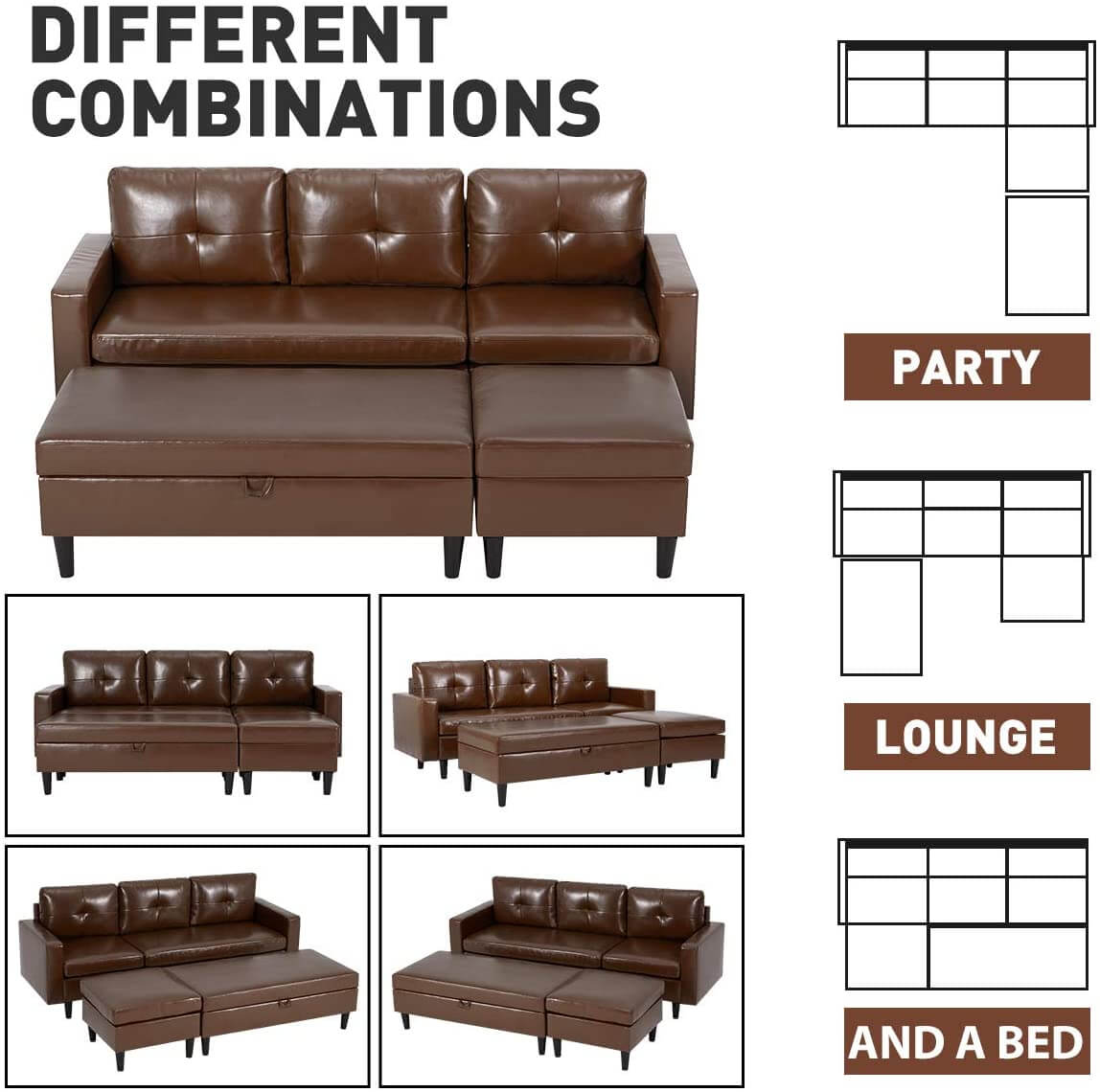 Small Faux Leather Sectional Sofa with Storage Ottoman and Chaise Lounge, 3-Seat Living Room Furniture Sets for Small Apartment, Dark Brown