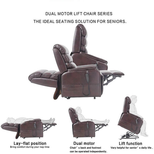 Lift Chair Recliners for Elderly, Infinite Position Lay Flat Recliner Up to 320 LBS, Faux Leather Electric Power Lift Recliner Chair Sofa with Side Pocket & Remote Control, Red Brown