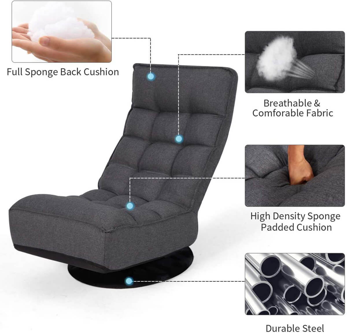 Homrest 360-Degree Swivel Floor Sofa, High Back Folding Floor Gaming Chair, Floor Lounger Adjustable Sleeper Recliner for Teens&Adults, Gray