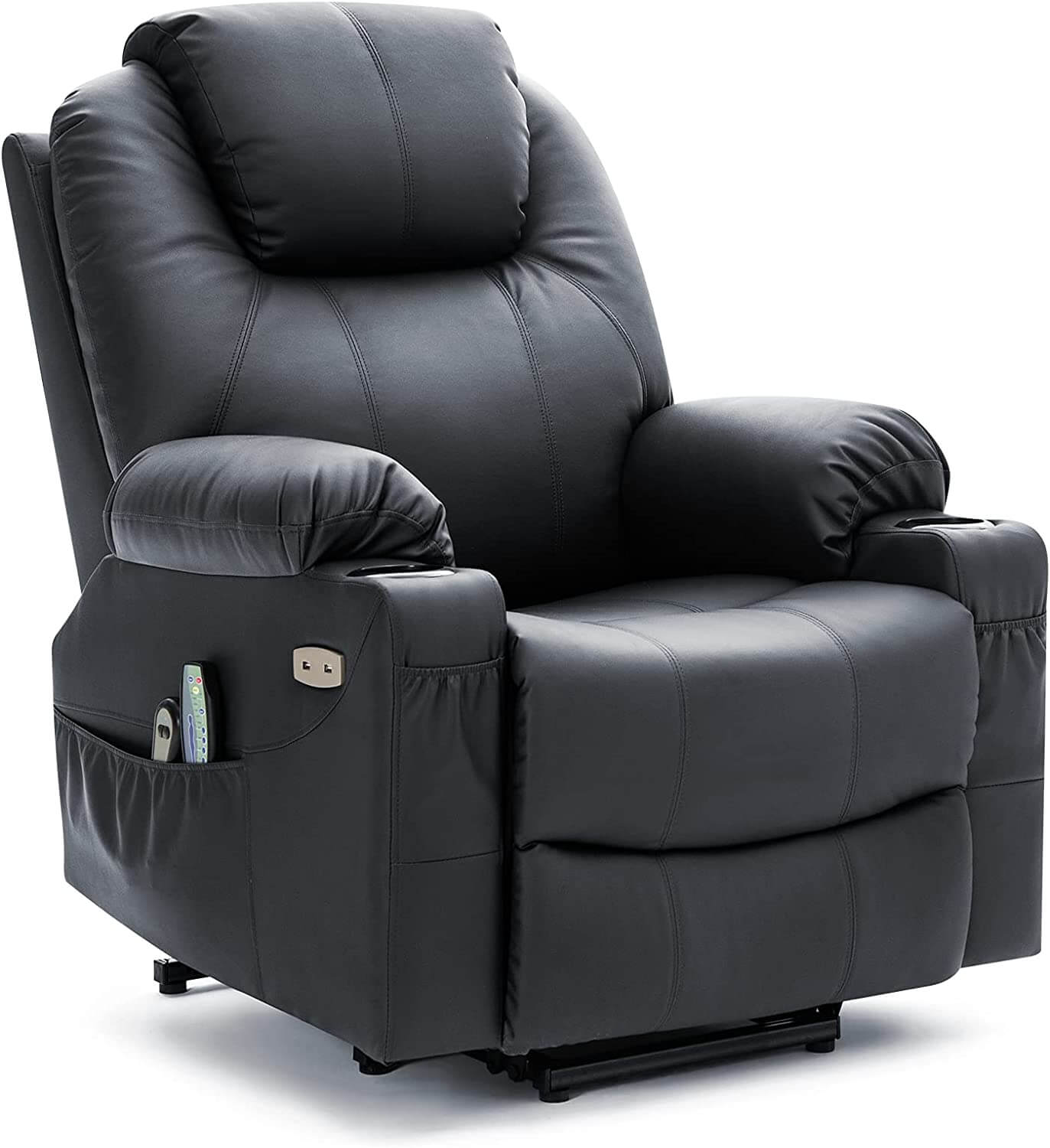 Homrest Electric Power Recliner Lift Chair Faux Leather Electric Recliner for Elderly, Heated Vibration Massage Sofa with Side Pockets, USB Charge Port & Remote Control(Black)