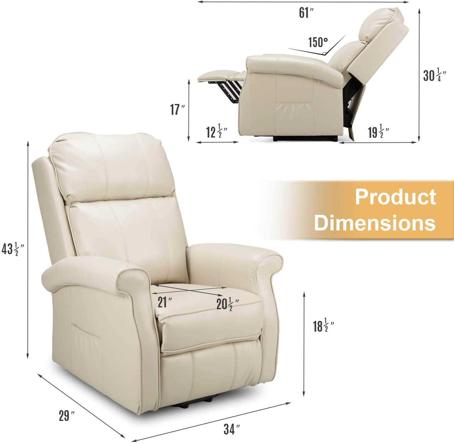 Homrest Electric Power Lift Recliner Chair, Faux Leather Electric Recliner for Elderly with Heated Vibration Massage(White)