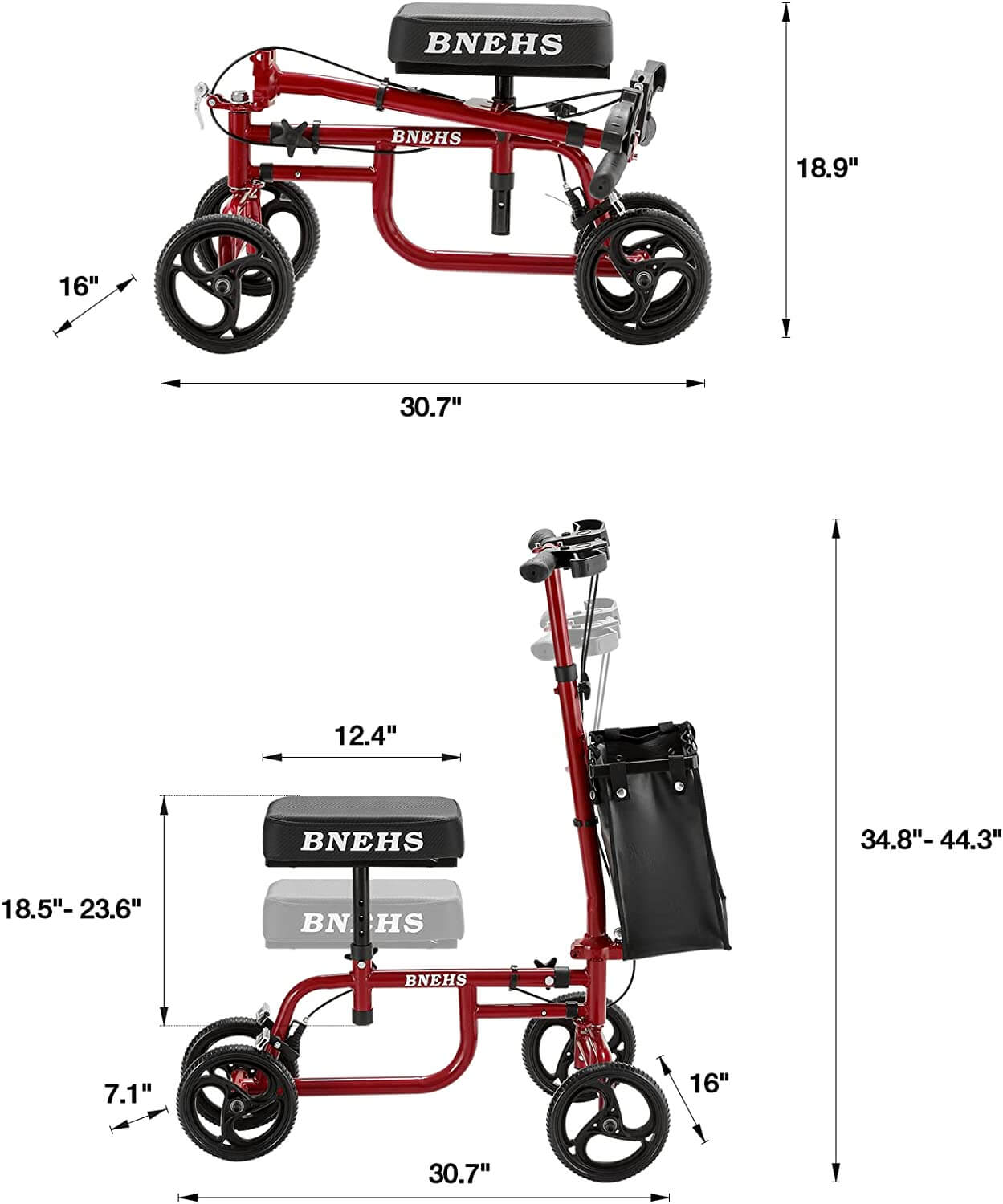 Homrest knee scooter with grooved brake pads folding knee walker for foot injured adults, red frame