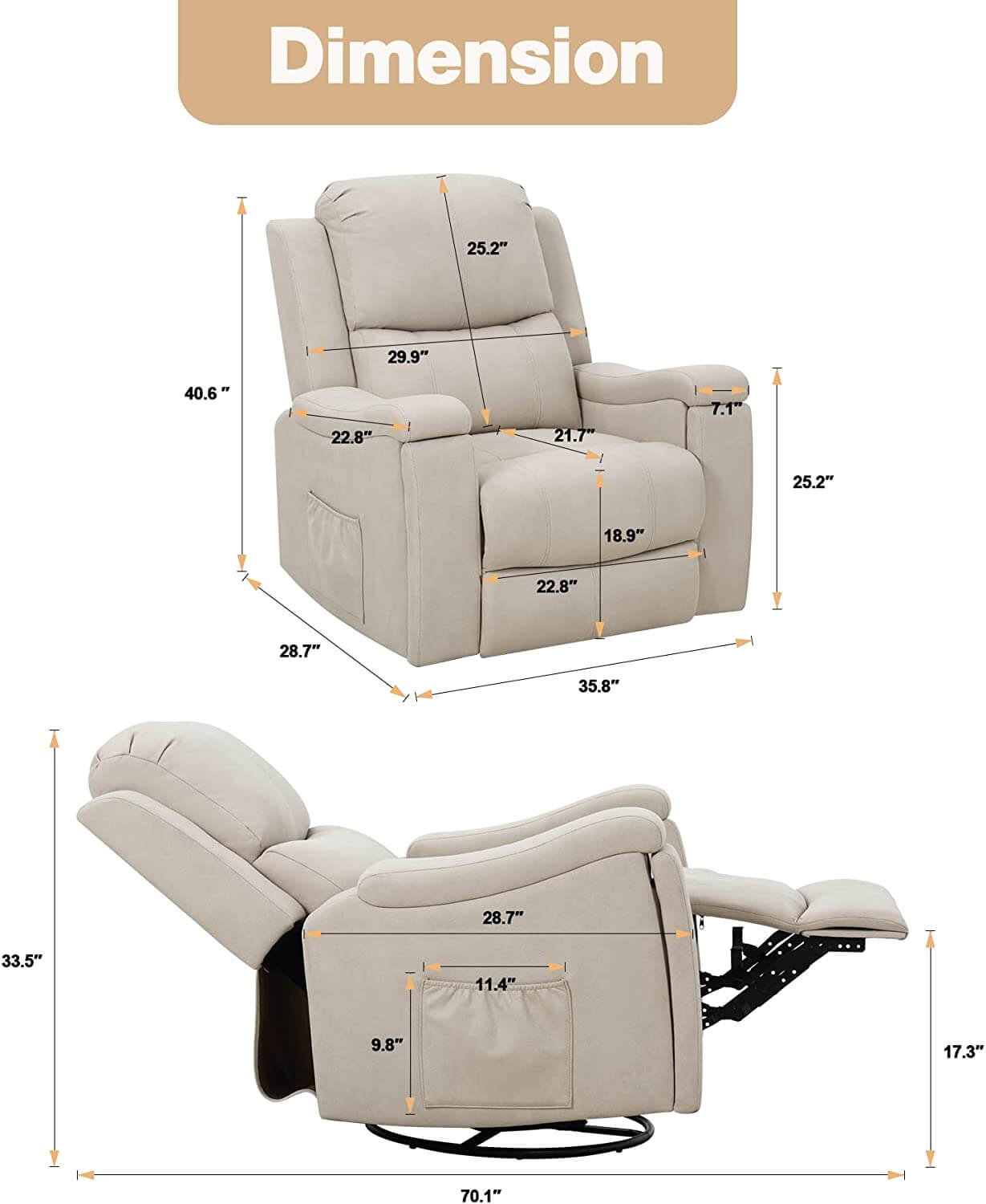 Product dimensions of Homrest massage recliner chair