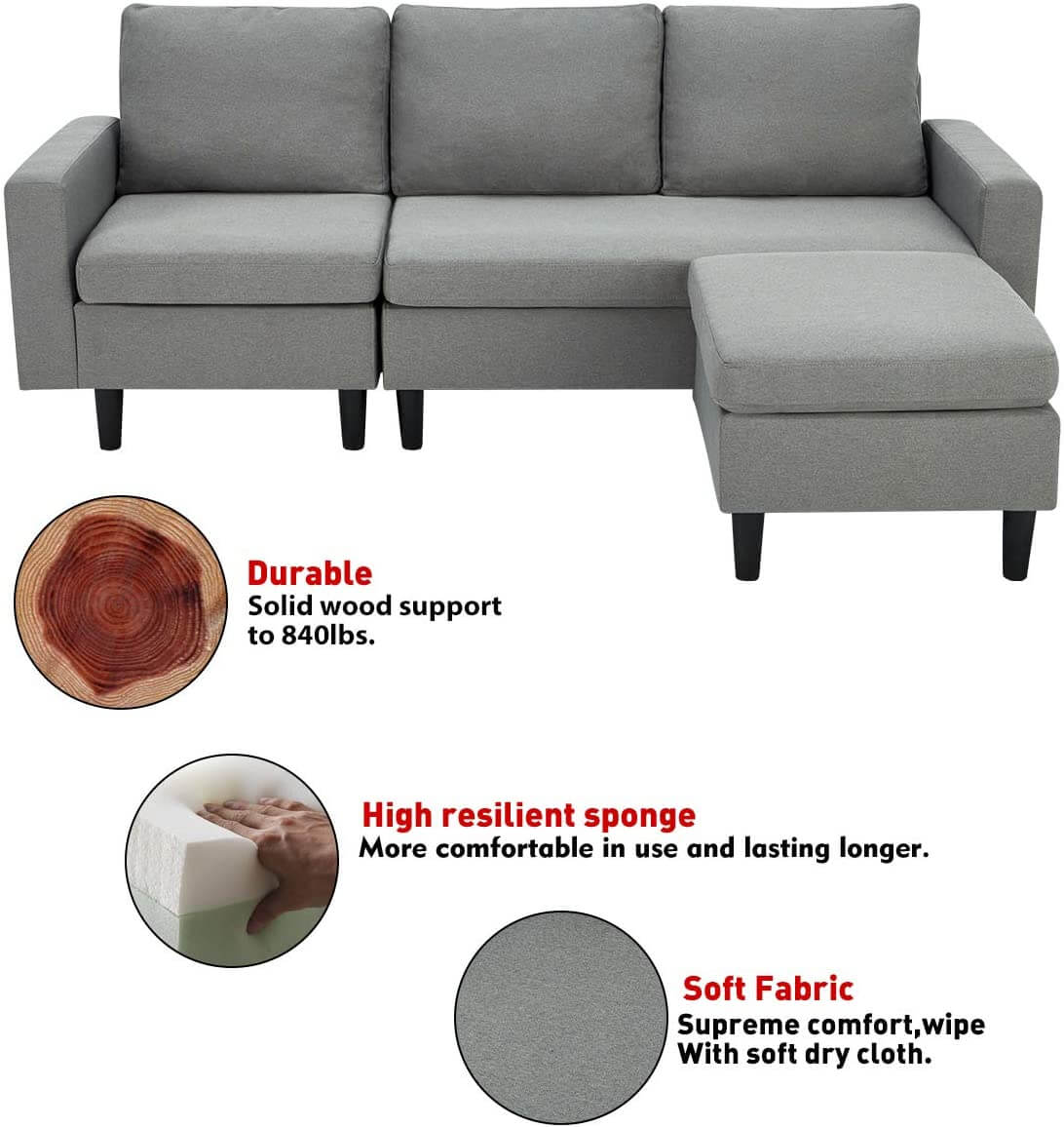 Homrest Enlarged Convertible Sectional Sofa Couch, 3-seat Sofa Couch with Ottoman, L-Shaped Sofa in Modern Linen Fabric, Gray