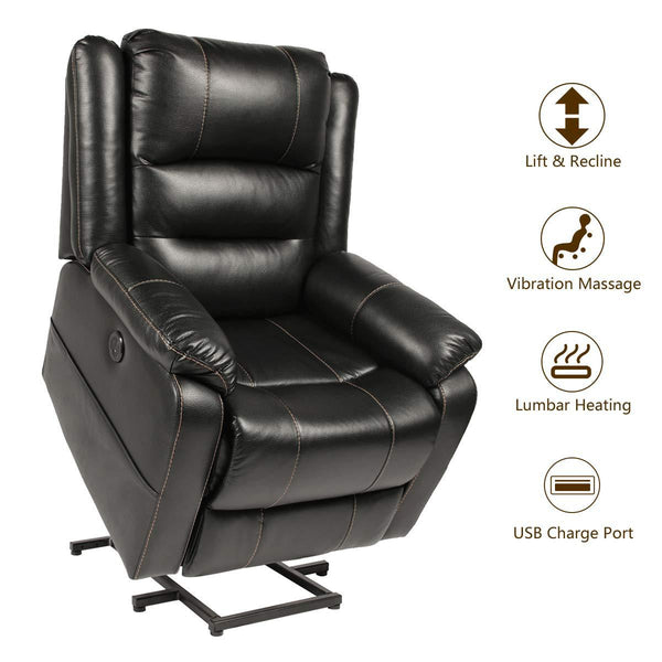 Power Lift Chair Faux Leather Electric Recliner for Elderly, Heated Vibration Massage Sofa with Side Pockets(Black)