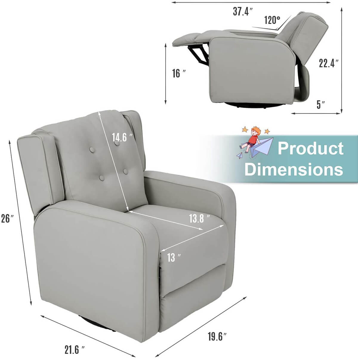 Kid's Swivel Recliner Chair, Children Recliner Faux Leather Armchair for Toddler Boys Girls, Lightweight 360 Degree Swivel Sofa Chair, Gray