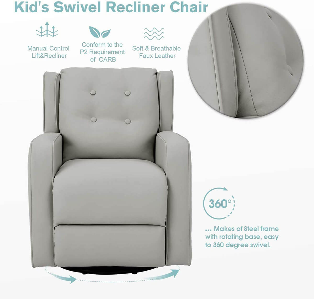 Kid's Swivel Recliner Chair, Children Recliner Faux Leather Armchair for Toddler Boys Girls, Lightweight 360 Degree Swivel Sofa Chair, Gray