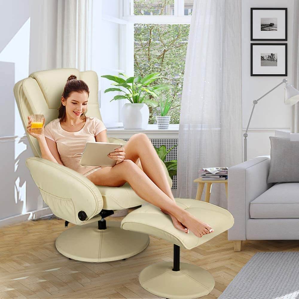 Recliner Chair and Ottoman, Ergonomic Swivel Faux Leather Lounge Recliner with Footrest, Vibration Massage Lounge Chair, Cream White