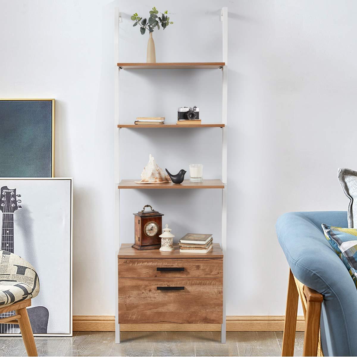 Homrest Wall Mouted Industrial 3-Tier Bookshelf with 2 Wood Drawers, White