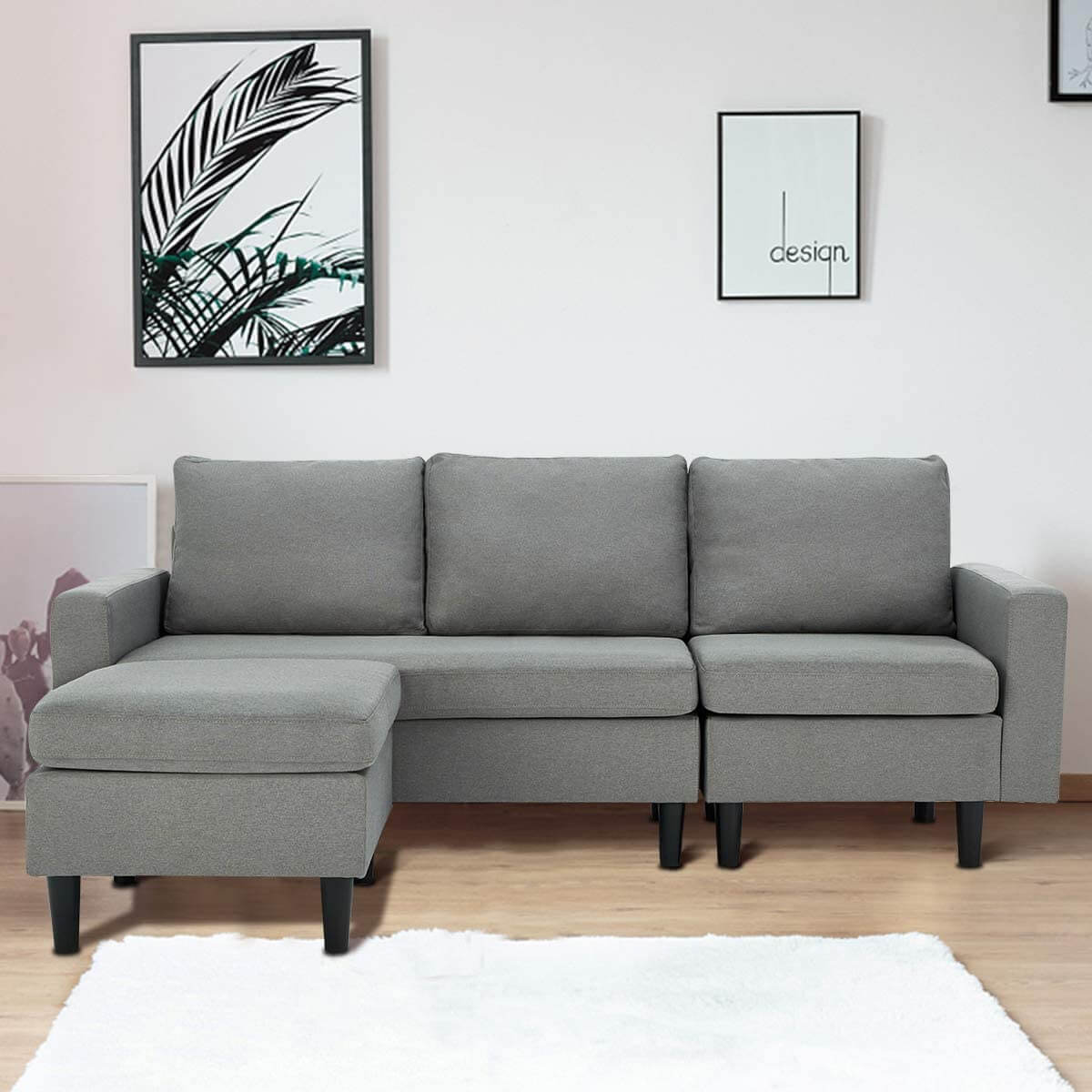 Homrest Enlarged Convertible Sectional Sofa Couch, 3-seat Sofa Couch with Ottoman, L-Shaped Sofa in Modern Linen Fabric, Gray
