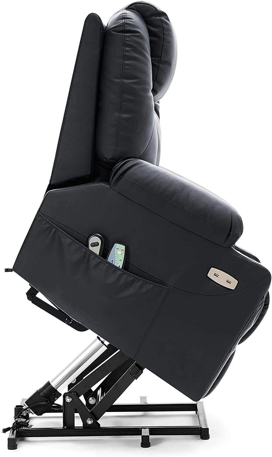 Homrest Electric Power Recliner Lift Chair Faux Leather Electric Recliner for Elderly, Heated Vibration Massage Sofa with Side Pockets, USB Charge Port & Remote Control(Black)