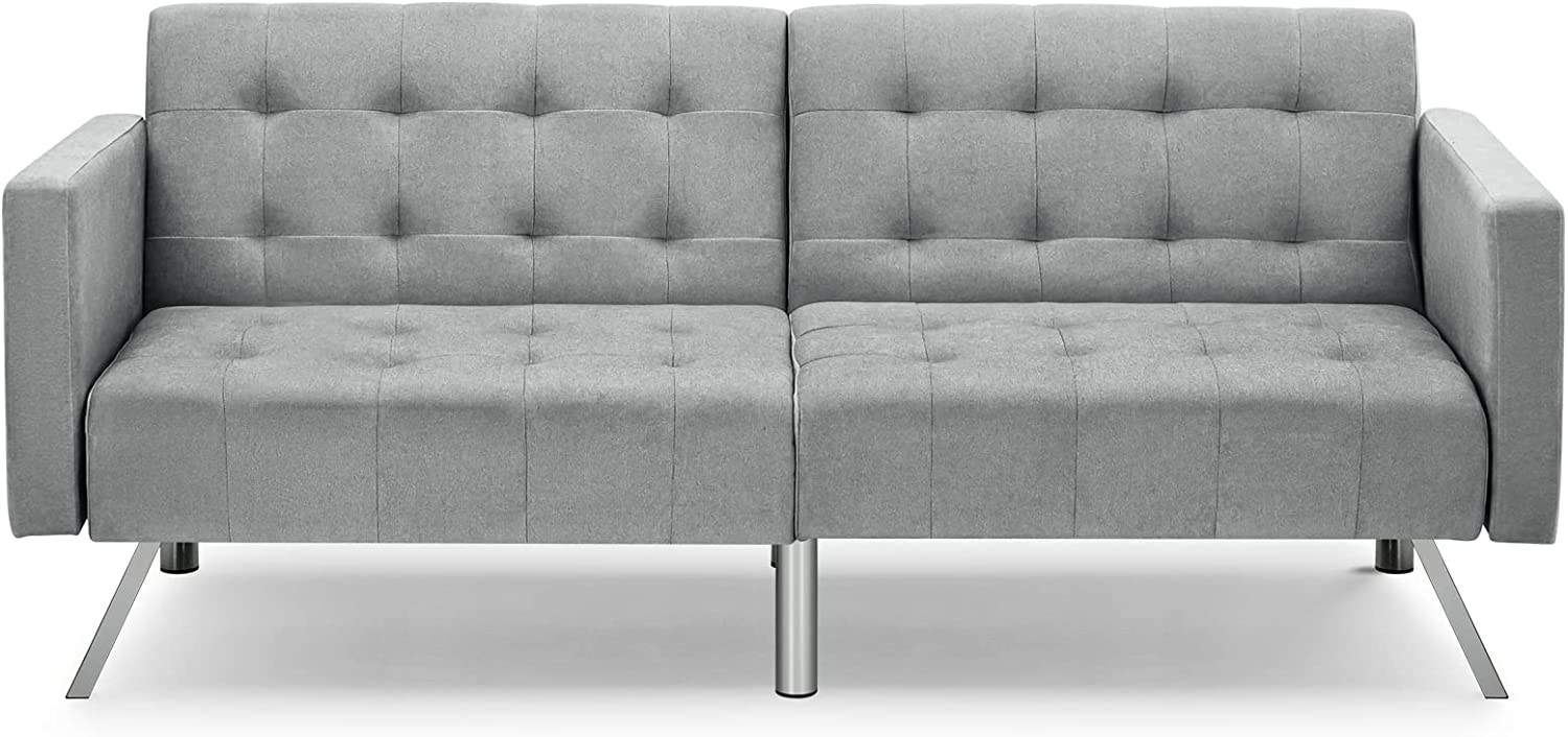 Homrest Convertible Futon Sofa Bed w/ Adjustable Backrest Fabric Sleeper Sofa Couch Loveseat, Light Grey