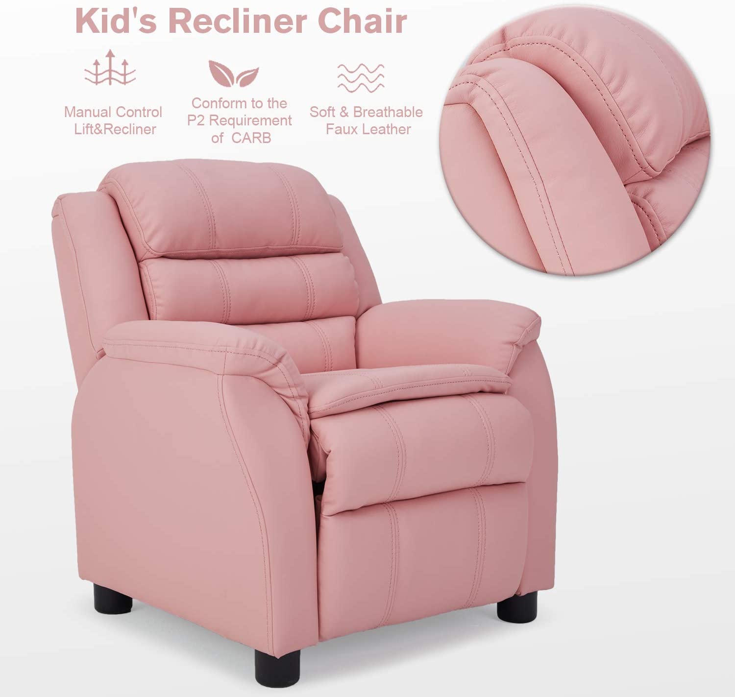 Kids Recliner Chair, Children Recliner PU Leather Armchair for Toddler Boys Girls, Lightweight Sofa Chair, 4+ Age Group, Pink