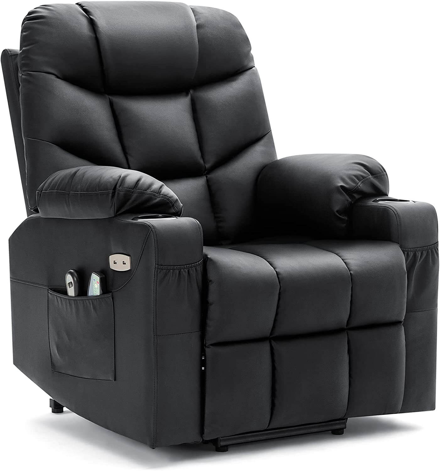 Homrest Electric Power Lift Chair Recliner Sofa for Elderly with Vibration Massage & Lumbar Heated, 2 Side Pockets & Cup Holders(Black)