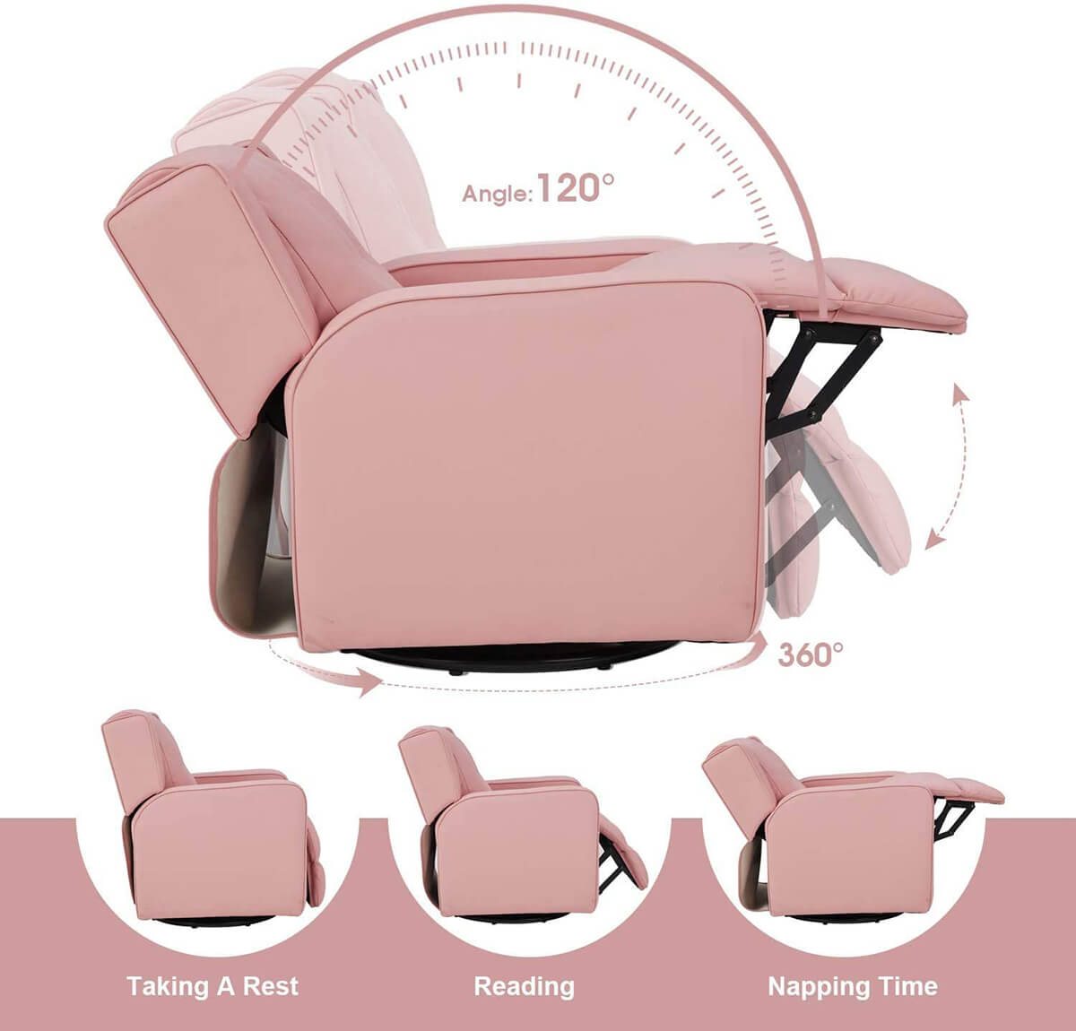 Kid's Swivel Recliner Chair, Children Recliner Faux Leather Armchair for Toddler Boys Girls, Lightweight 360 Degree Swivel Sofa Chair, Pink