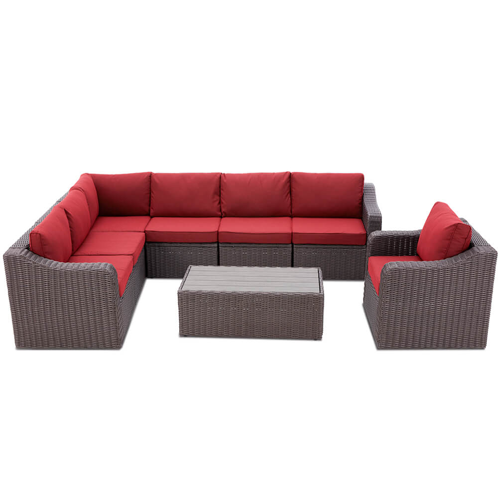  Homrest Outdoor Sectional Sofa All-Weather Conversation Set w/ Red Cushion, Coffee Table for Porch, Garden and Poolside