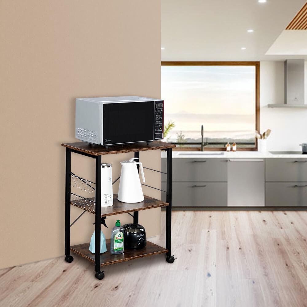 Homrest 3-Tier Kitchen Utility Microwave Oven Stand Vintage Board Top Black Metal Frame