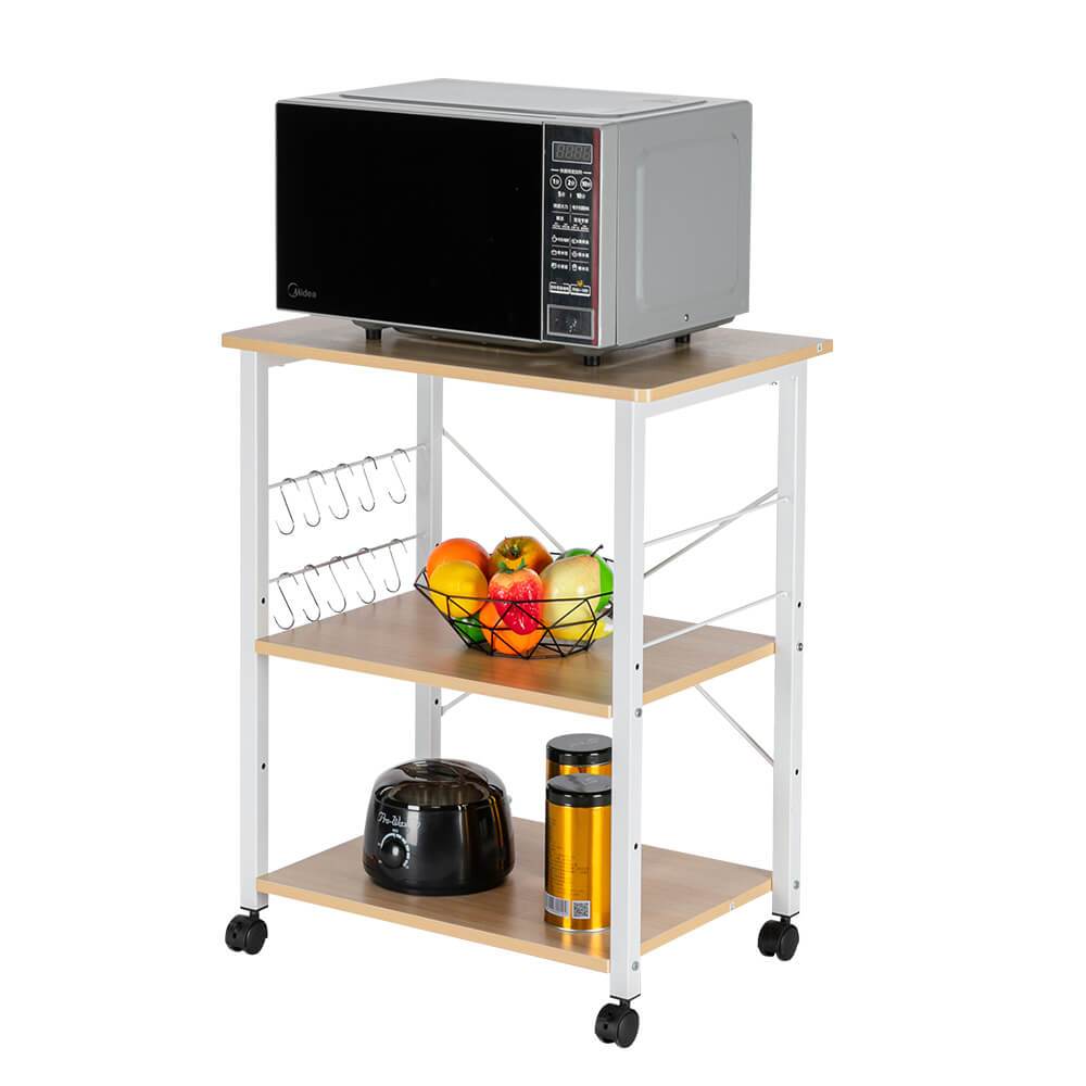 Homrest 3-Tier Kitchen Utility Microwave Oven Stand Light Beige Top White Metal Frame