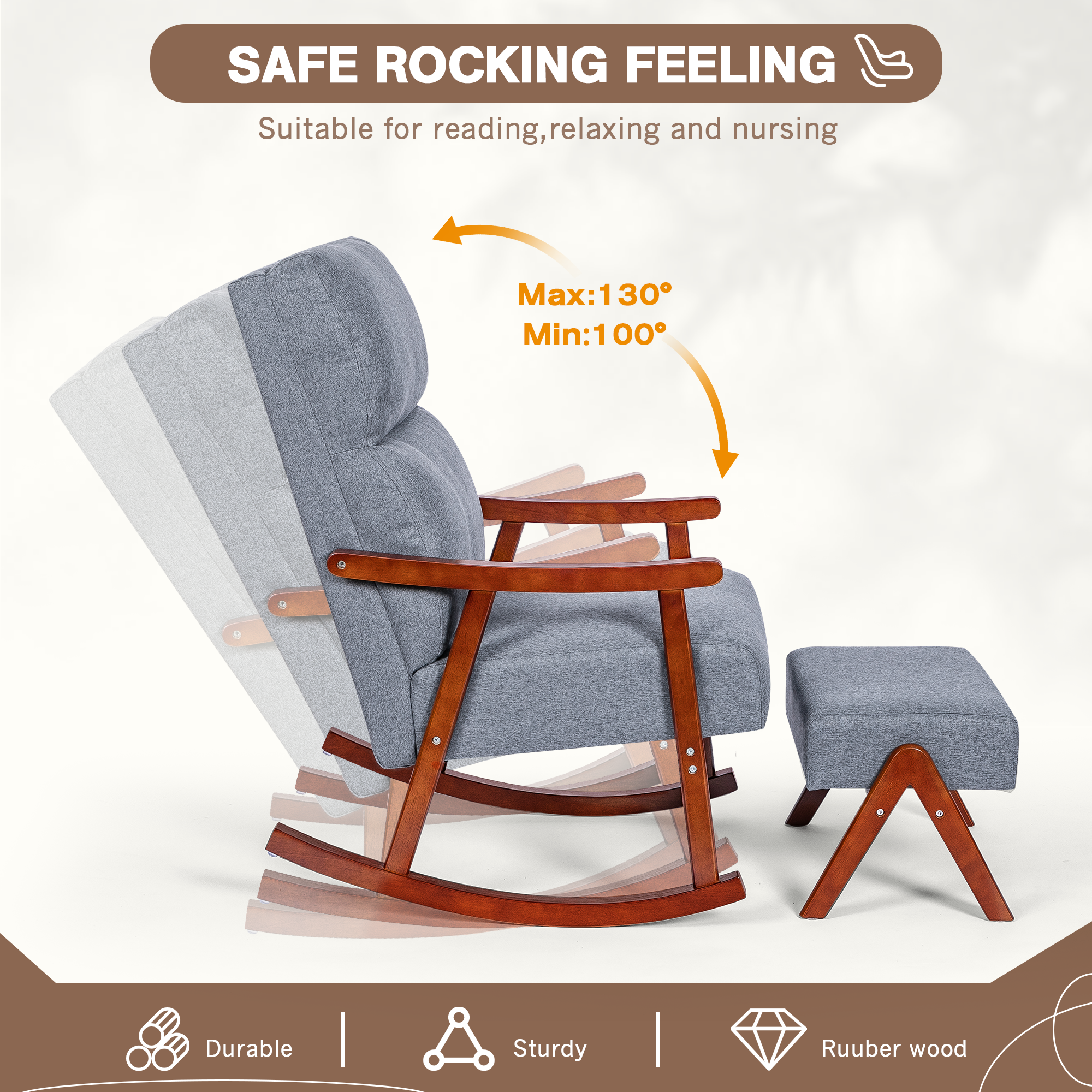 Rocking Chair with Ottoman, Mid-Century Nursery Rocking Armchair with Footrest & Thick Padded Cushion for Living Baby Room, Bedroom, Gray