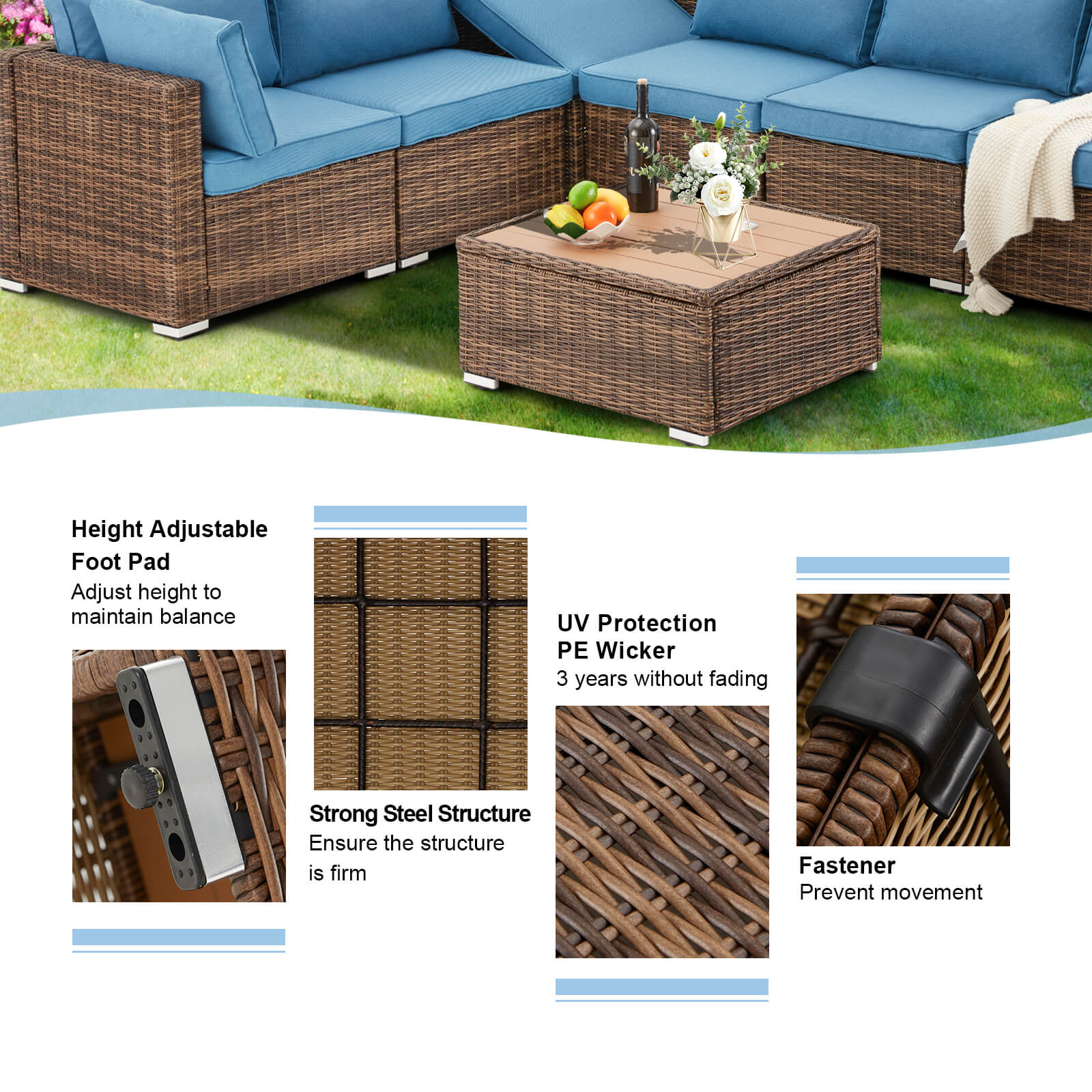 Homrest 7 pieces patio conversation set with height adjustable foot pad, strong steel structure, uv protection wicker, fastener