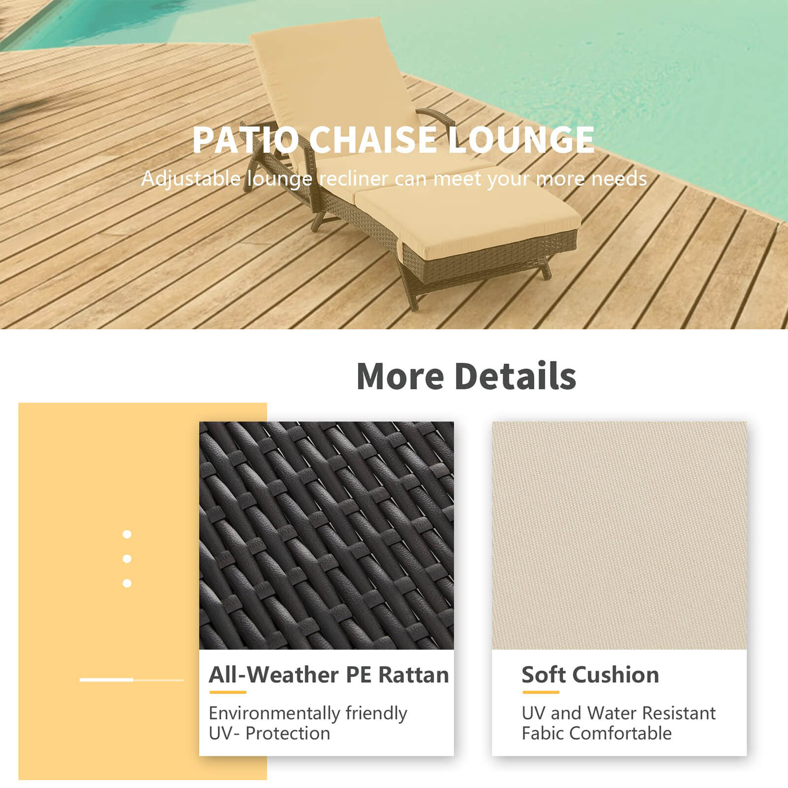 HOMREST Patio Lounge Chair for Outside, Chaise Lounge with Adjustable Backrest & Thickened Cushion, Khaki
