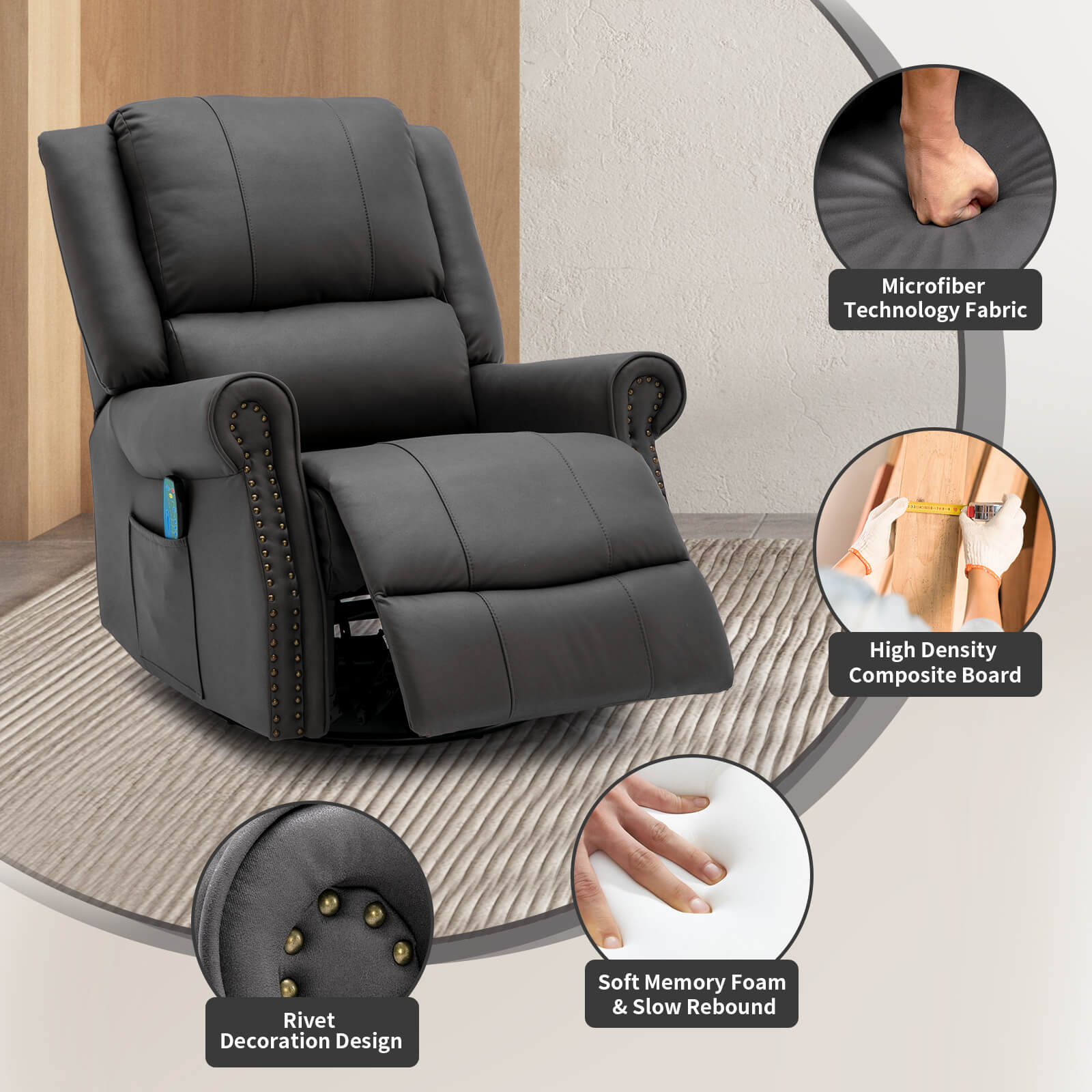 Homrest massage recliner chair for living room, dark gray