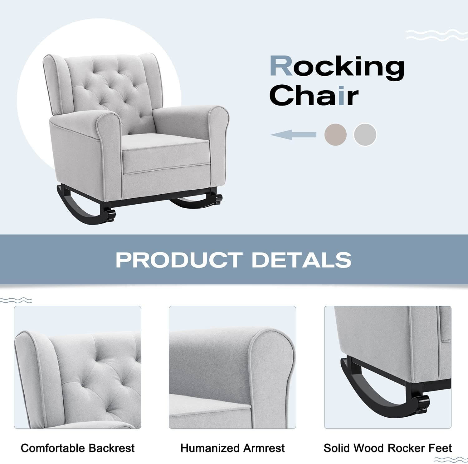 Homrest Mid Century Modern Rocking Chair, Tufted Upholstered Glider with High Back for Living Room, Gray