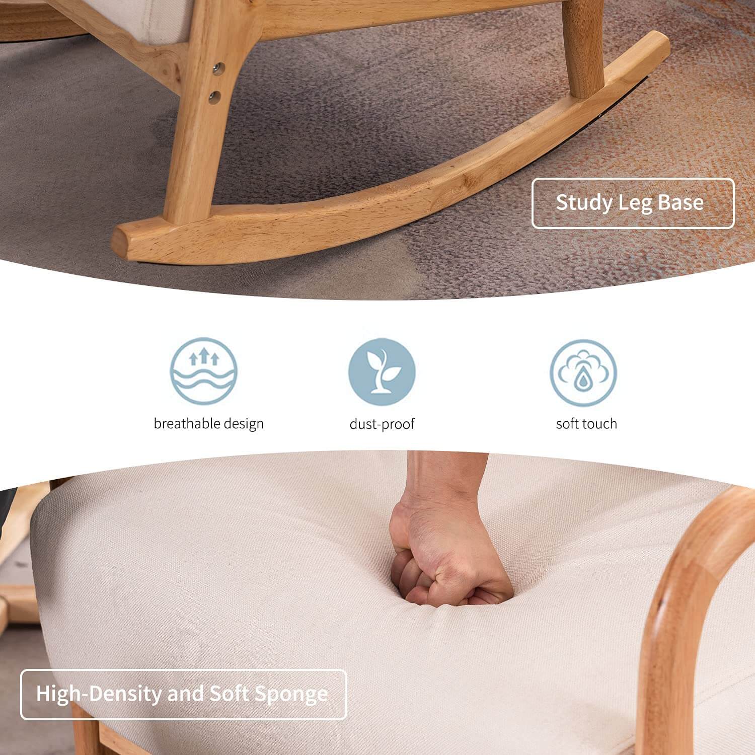 Homrest Fabric Rocking Chair, Mid-Century Glider Rocker with Padded Seat, with Ottoman, Seat Wood Base, Linen Accent Chair for Living Room