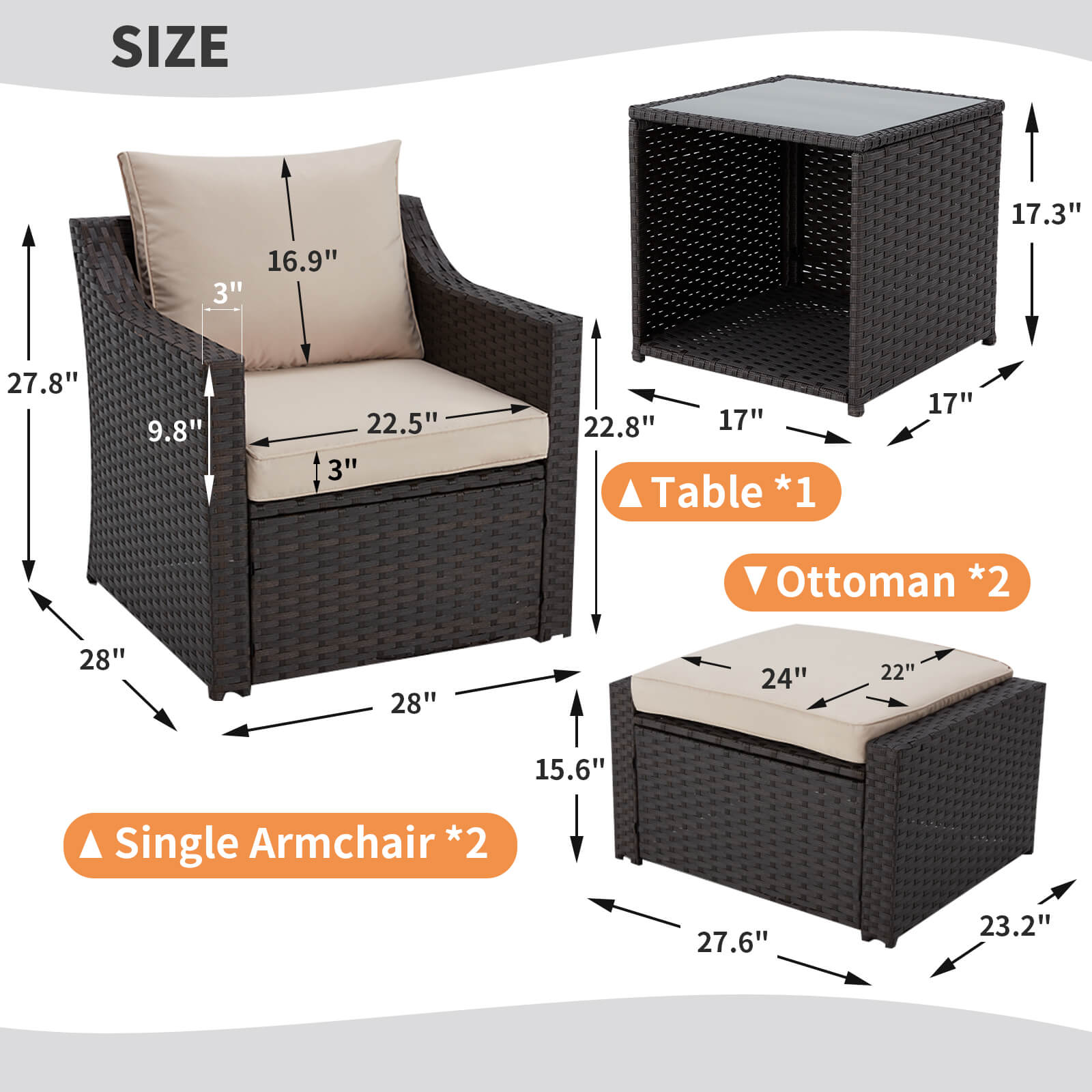 Product dimensions of Homrest outdoor furniture set