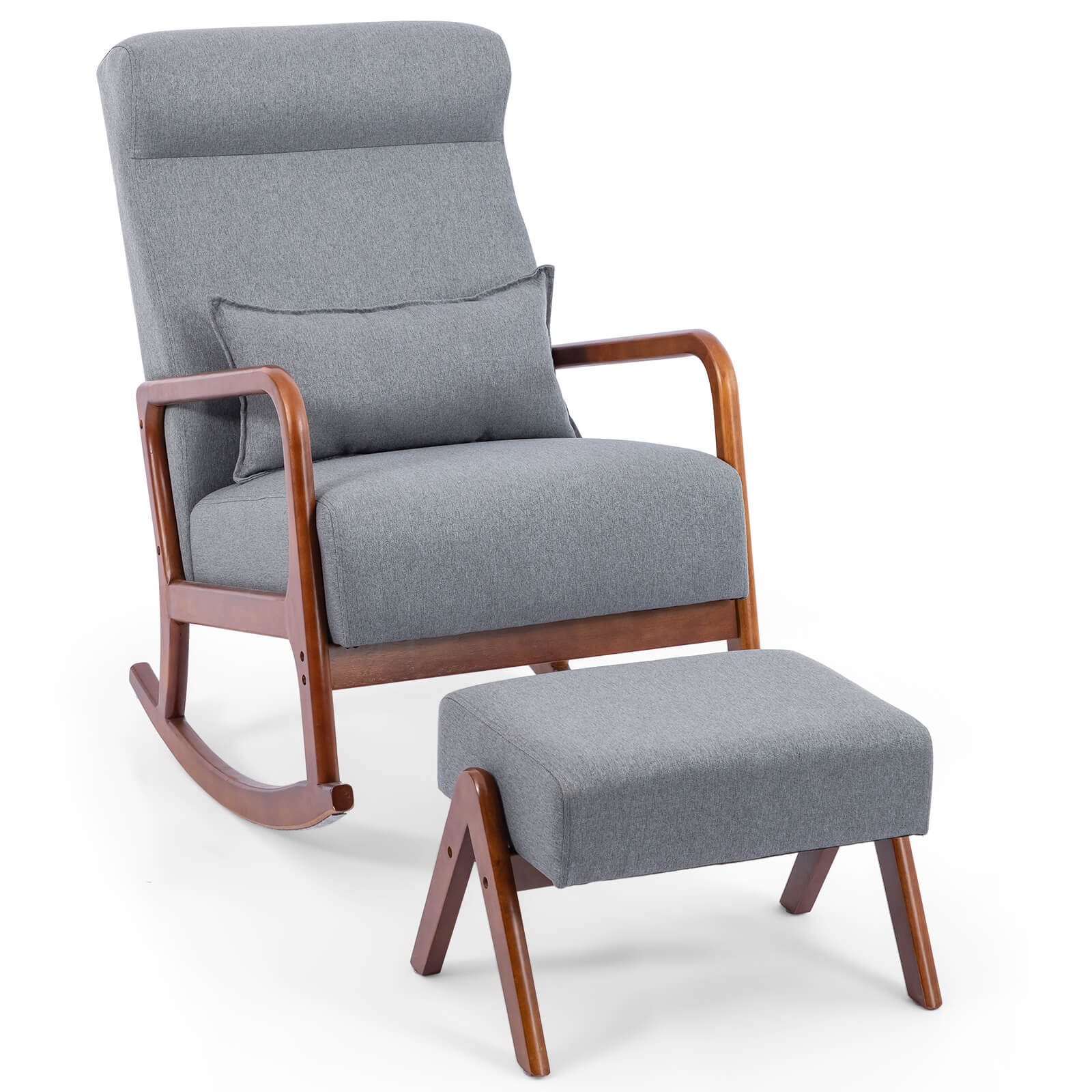 HOMREST Rocking Chair Ottoman Set, Mid-Century Upholstered Nursery Glider with Pillow (Gray)