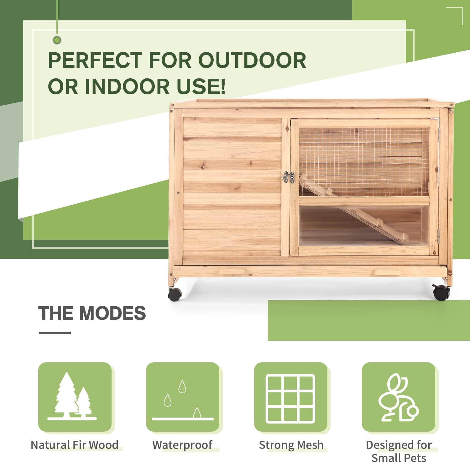 Homrest 36" Indoor and Outdoor Wooden Rabbit Hutch, Cage, w/Removable Tray, Safety Lock, Galvanized Mesh Wires, Access Ramps