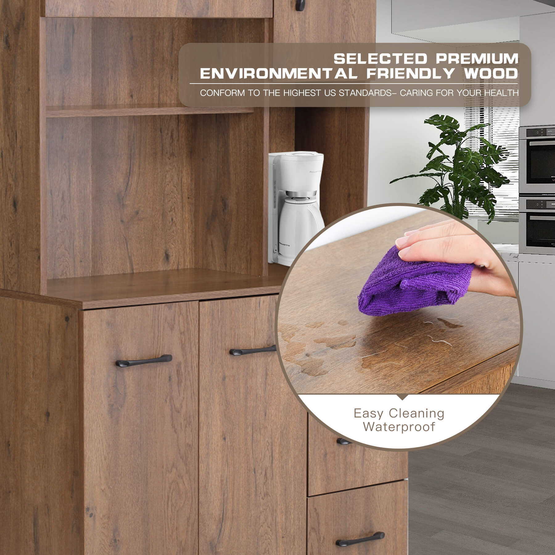 Homrest Kitchen Pantry Storage Cabinet Open Countertop and Microwave Space Brown