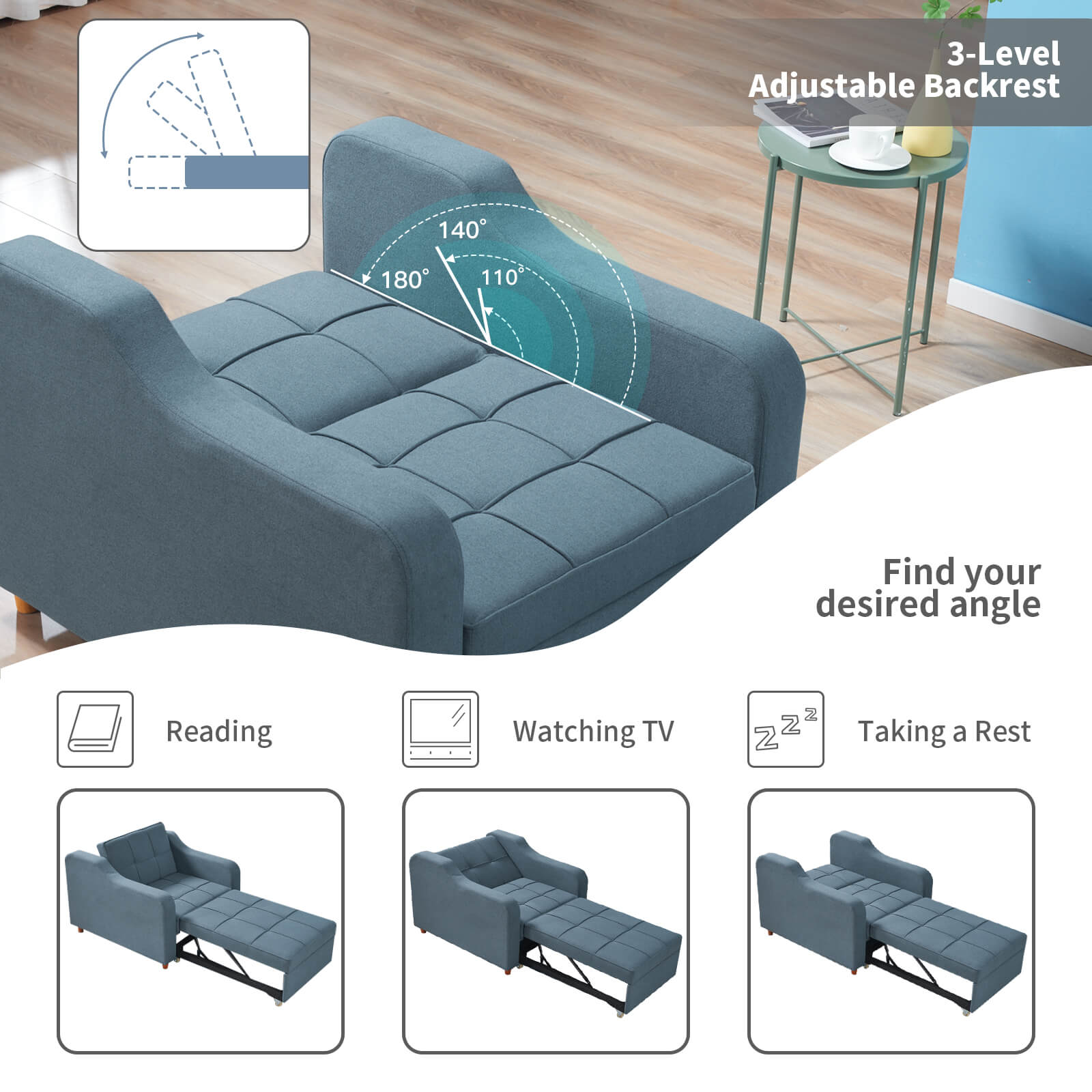Homrest Sofa Bed 3-in-1 Convertible Chair Multi-Functional Sofa Bed Adjustable Recliner(Blue Grey)