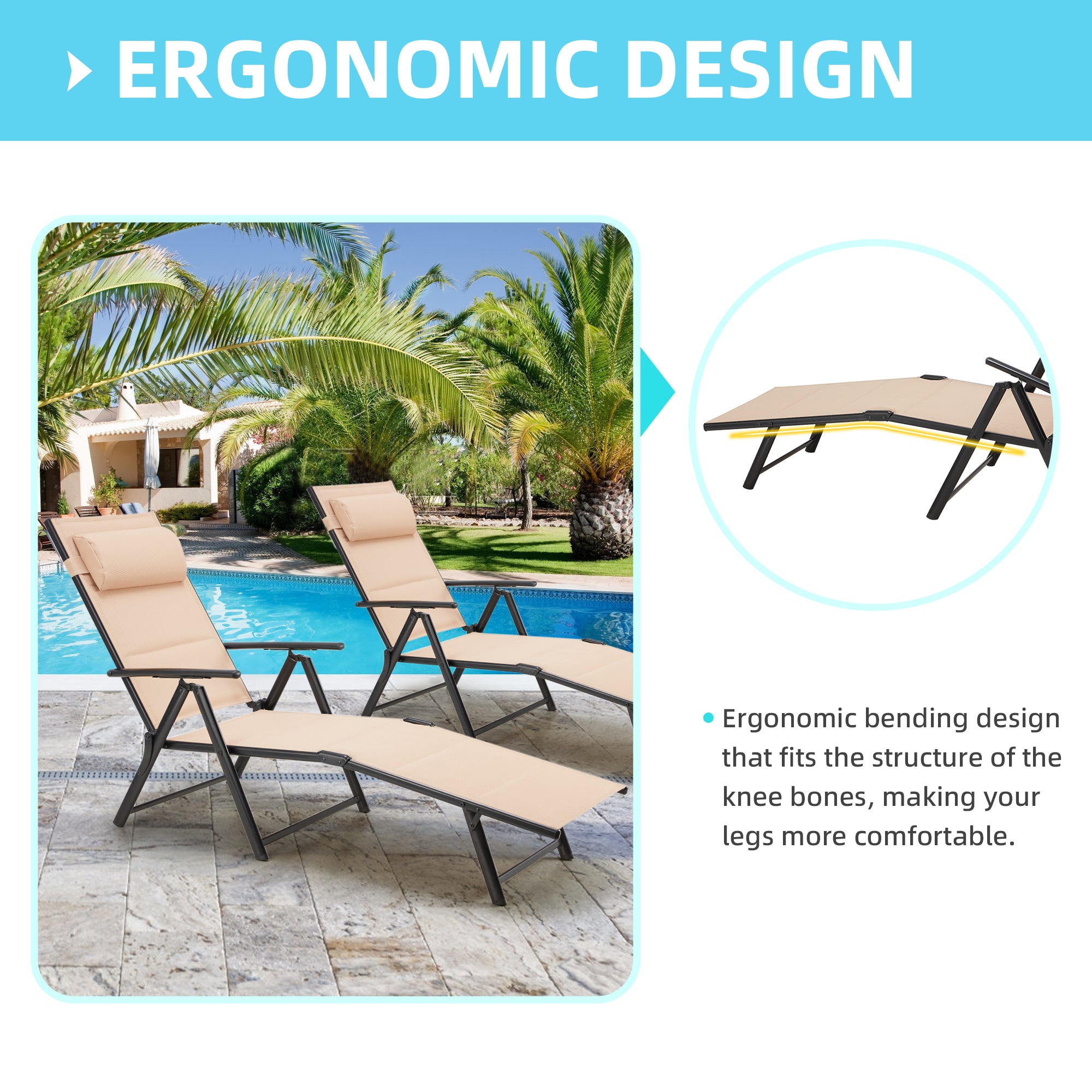 HOMREST Folding Lounge Chair, Outdoor Reclining Lightweight Chaise Lounge Chair, with 7-Position Adustable Backrest for Patio Beach Swimming Poolside Khaki