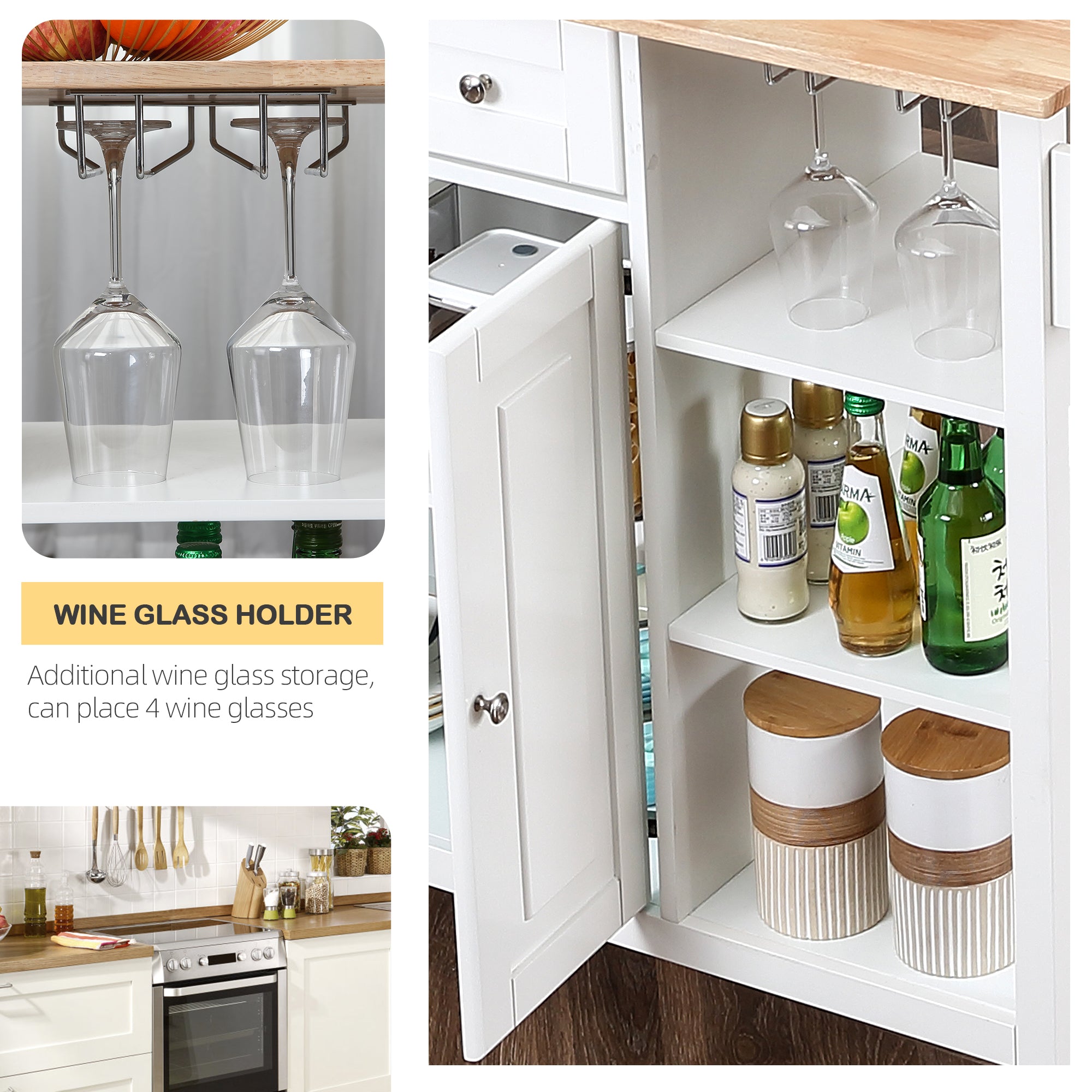 Homrest kitchen island on wheels, kitchen cart with wine glass holder. Additional wine glass storage, can place 4 wine glasses.