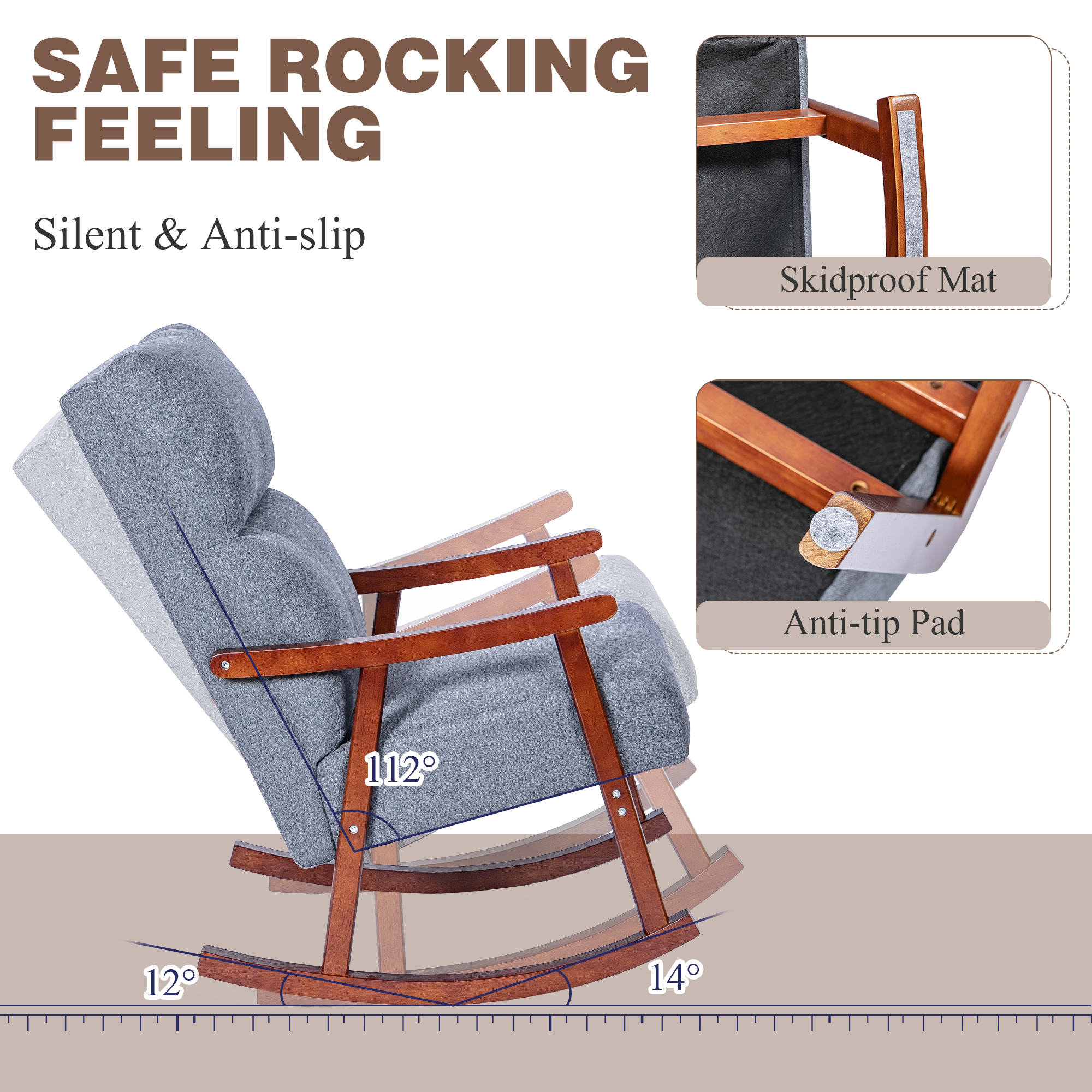 Rocking Chair with Ottoman, Mid-Century Nursery Rocking Armchair with Footrest & Thick Padded Cushion for Living Baby Room, Bedroom, Gray