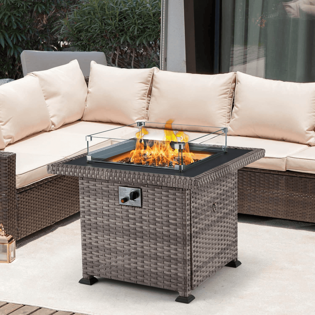 Homrest 32'' Propane Fire Pit Table, 50000 BTU Square Gas Fire Pit w/ Glass Beads & Waterproof cover