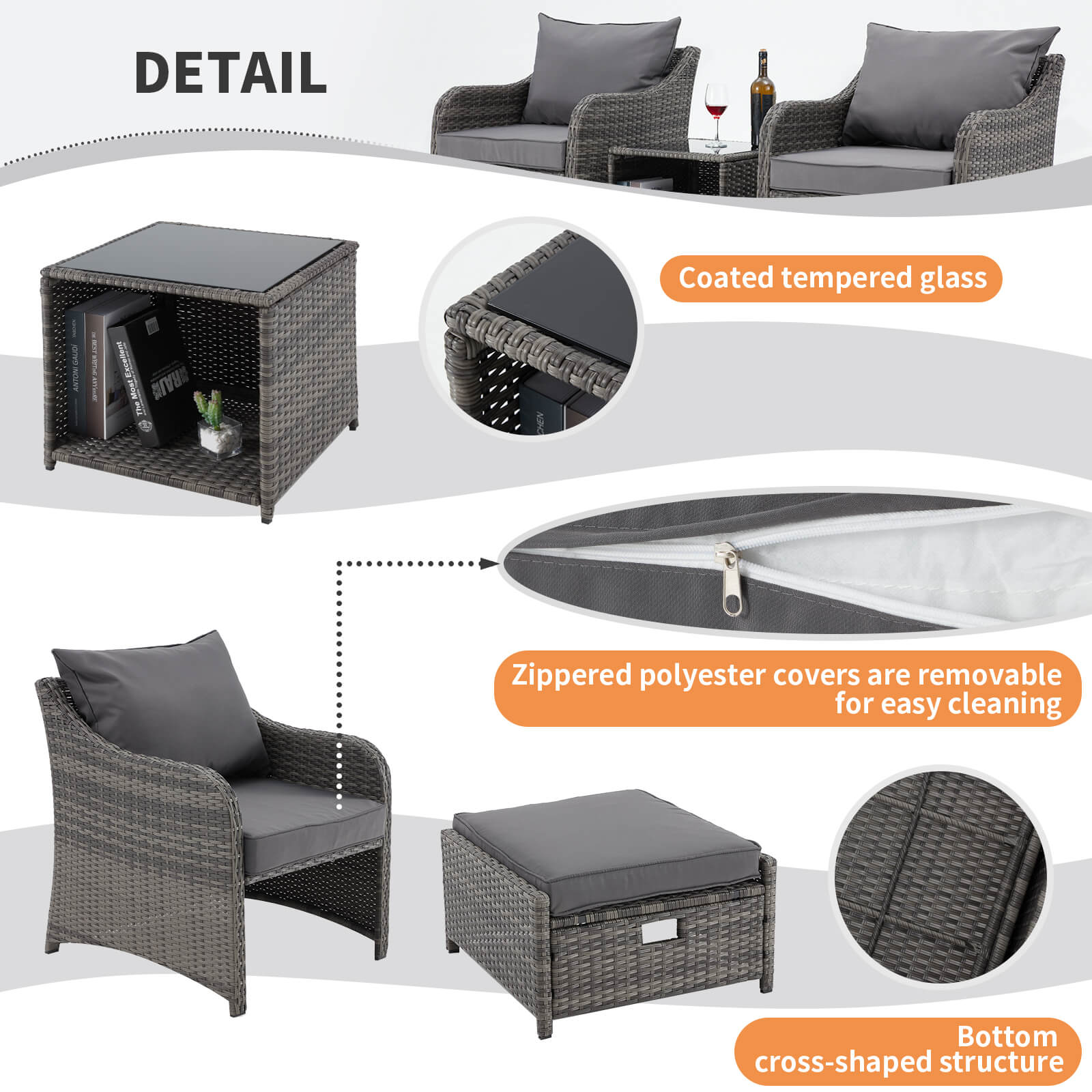  Homrest 5 Pcs patio chair set with ottoman for porch, backyard and poolside.