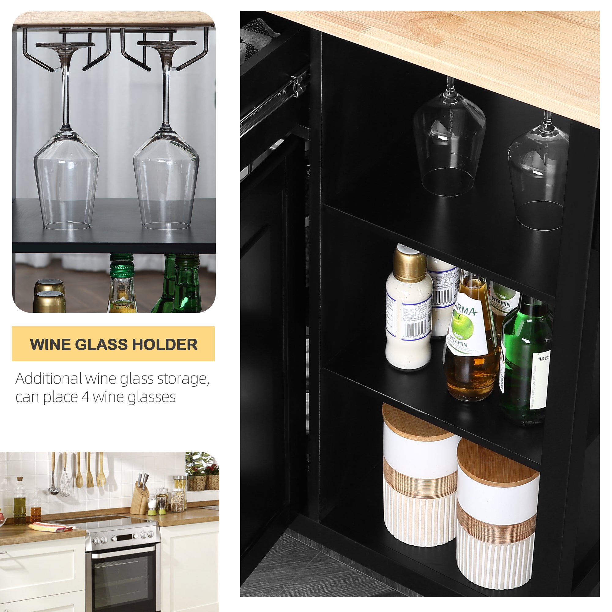 Homrest kitchen island on wheels, kitchen cart with wine glass holder. Additional wine glass storage, can place 4 wine glasses, black