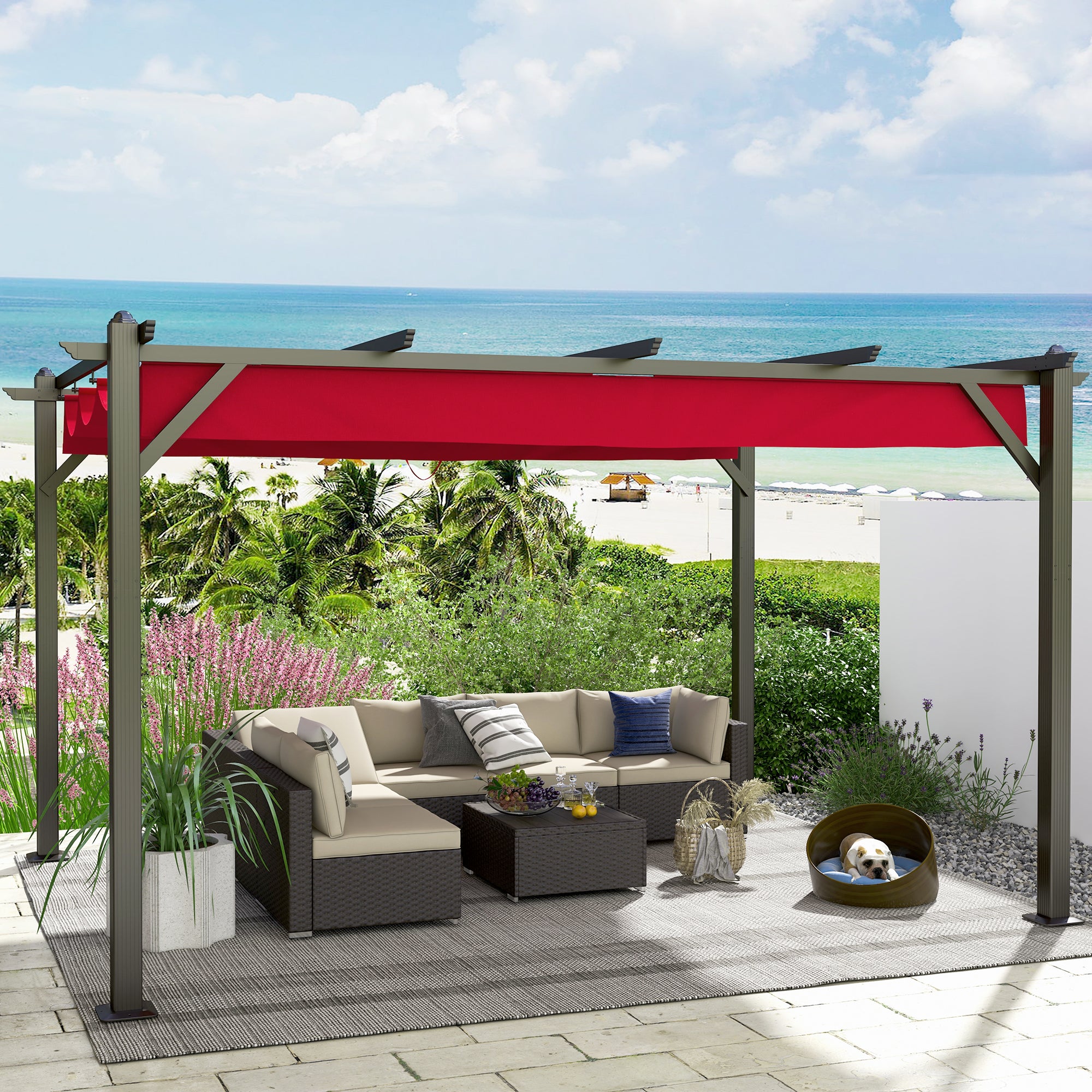  Homrest 13' X 10' Retractable Pergola, Patio Gazebo Grape Trellis with Removable Sun Shade Canopy（Wine Red）