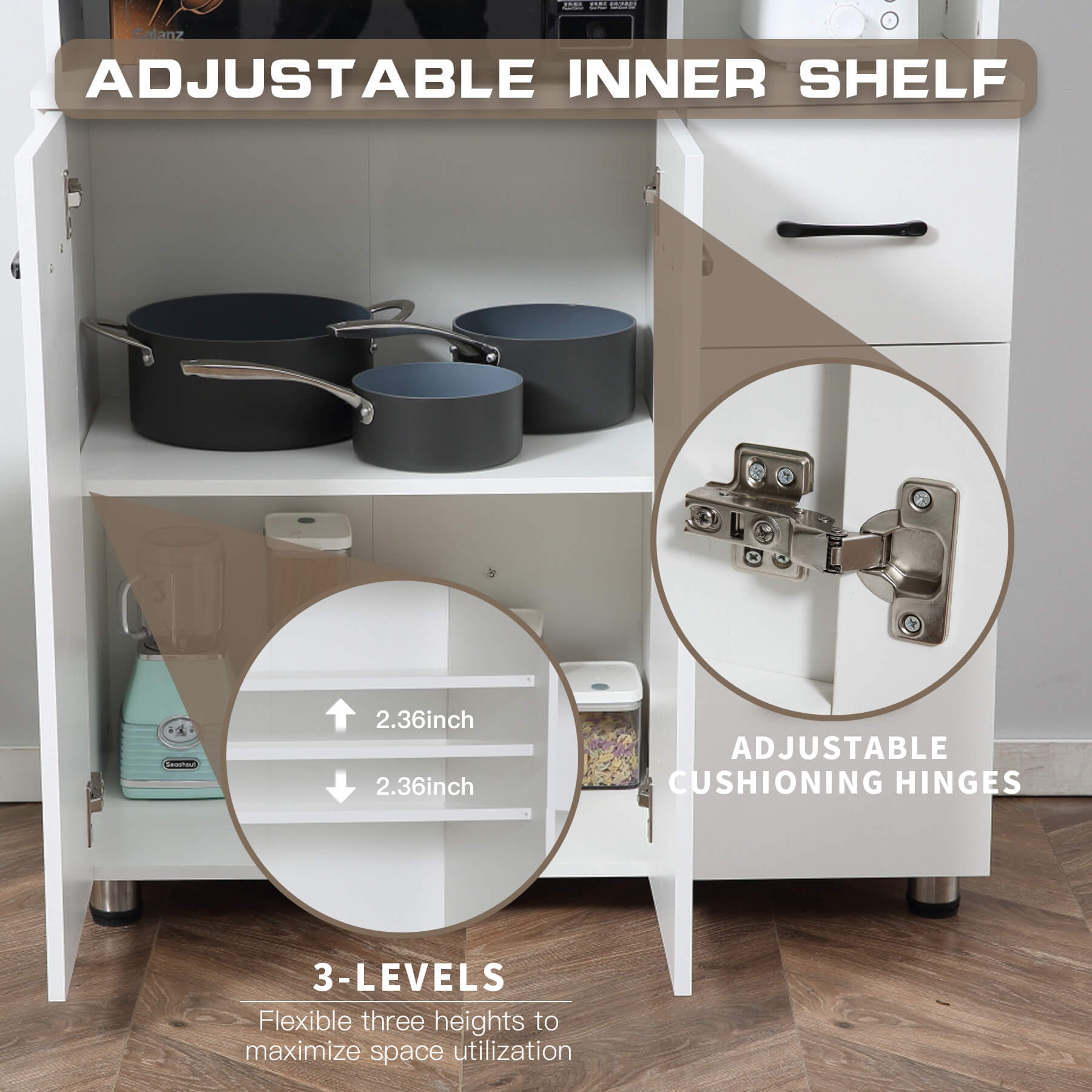 Homrest Kitchen Pantry Storage Cabinet Open Countertop and Microwave Space White