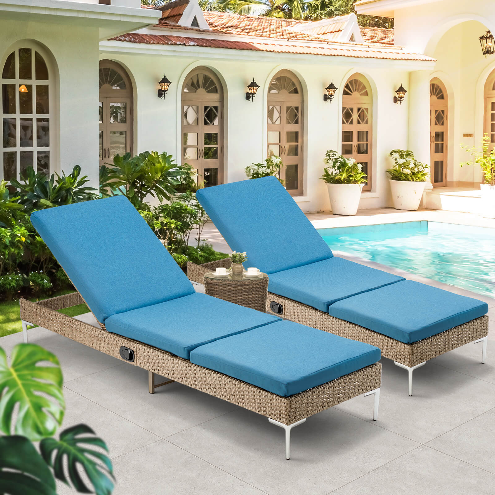 Homrest Patio Rattan Chaise Lounge Chair Outdoor Wicker Recliner Thickened Cushion Stepless Adjustable with Gas Cylinder (Blue)