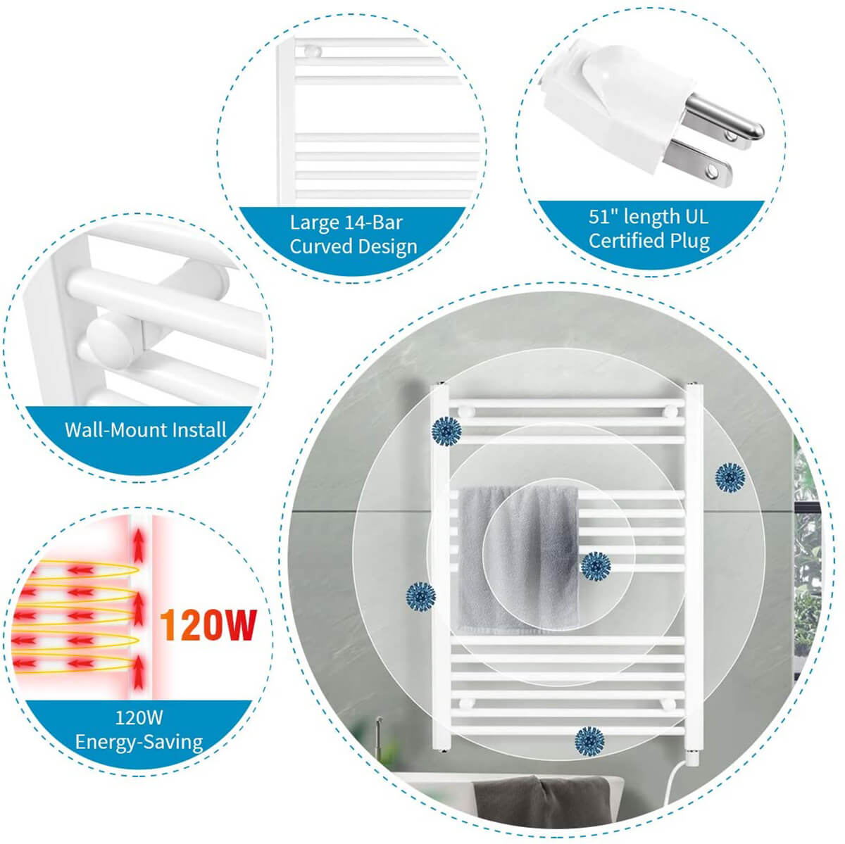 Towel Warmer Rack, Steel Heated Drying Rack Plug-in Wall Mounted Towel Warmer Rack for Bathroom (White, 14 Bar)