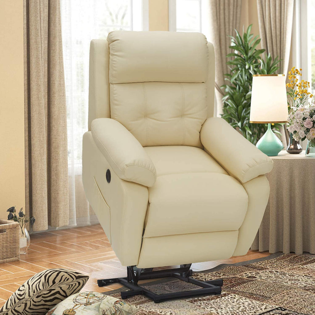 Homrest Electric Power Lift Recliner Chair Sofa for Elderly, Faux Leather Recliner Chair with Heated Vibration Massage with Side Pocket&USB Port, Cream