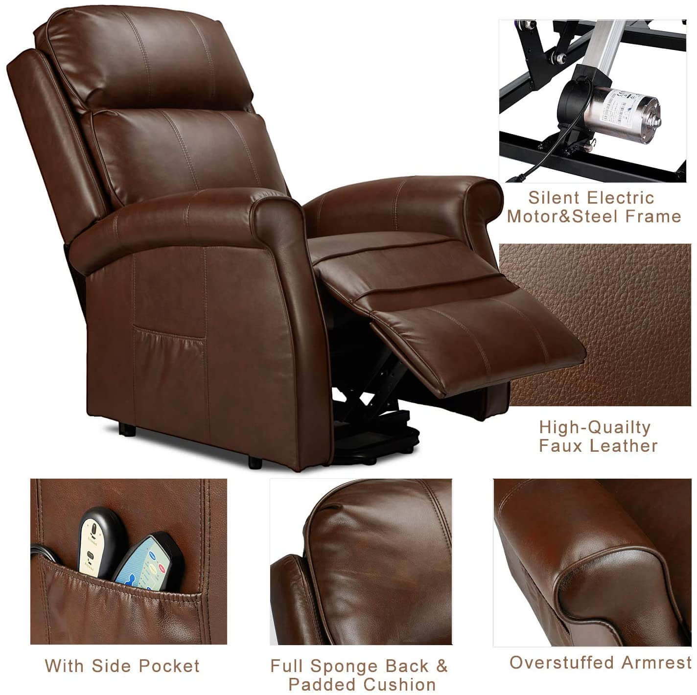 Homrest Electric Power Lift Recliner Chair, Faux Leather Electric Recliner for Elderly with Heated Vibration Massage, Side Pocket & Remote Control, Brown