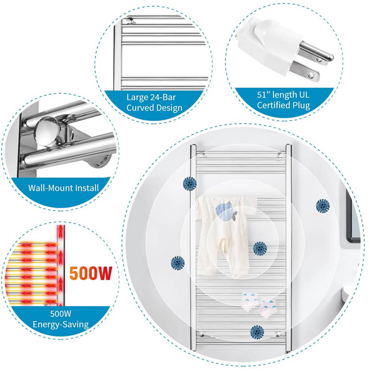 Towel Warmer Rack, Steel Heated Drying Rack Plug-in Wall Mounted Towel Warmer Rack for Bathroom (Silver, 23 Bar)