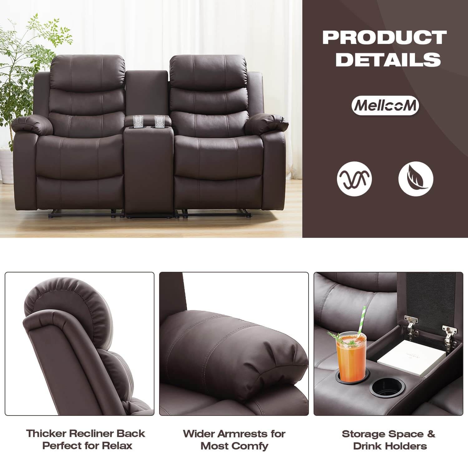  Homrest Reclining Double Loveseat with Storage Console for Living Room, Brown