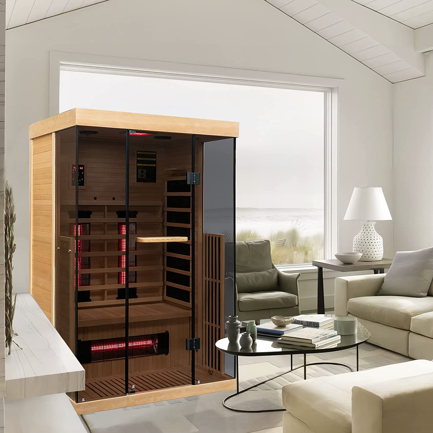 Homrest 1-2 Person Infrared Sauna 15 Minutes Pre-Warm up Far for Home with 7 Colors Chromo Therapy Lighting and Full View Tempered Glass(Canda Hemlock Wooden)